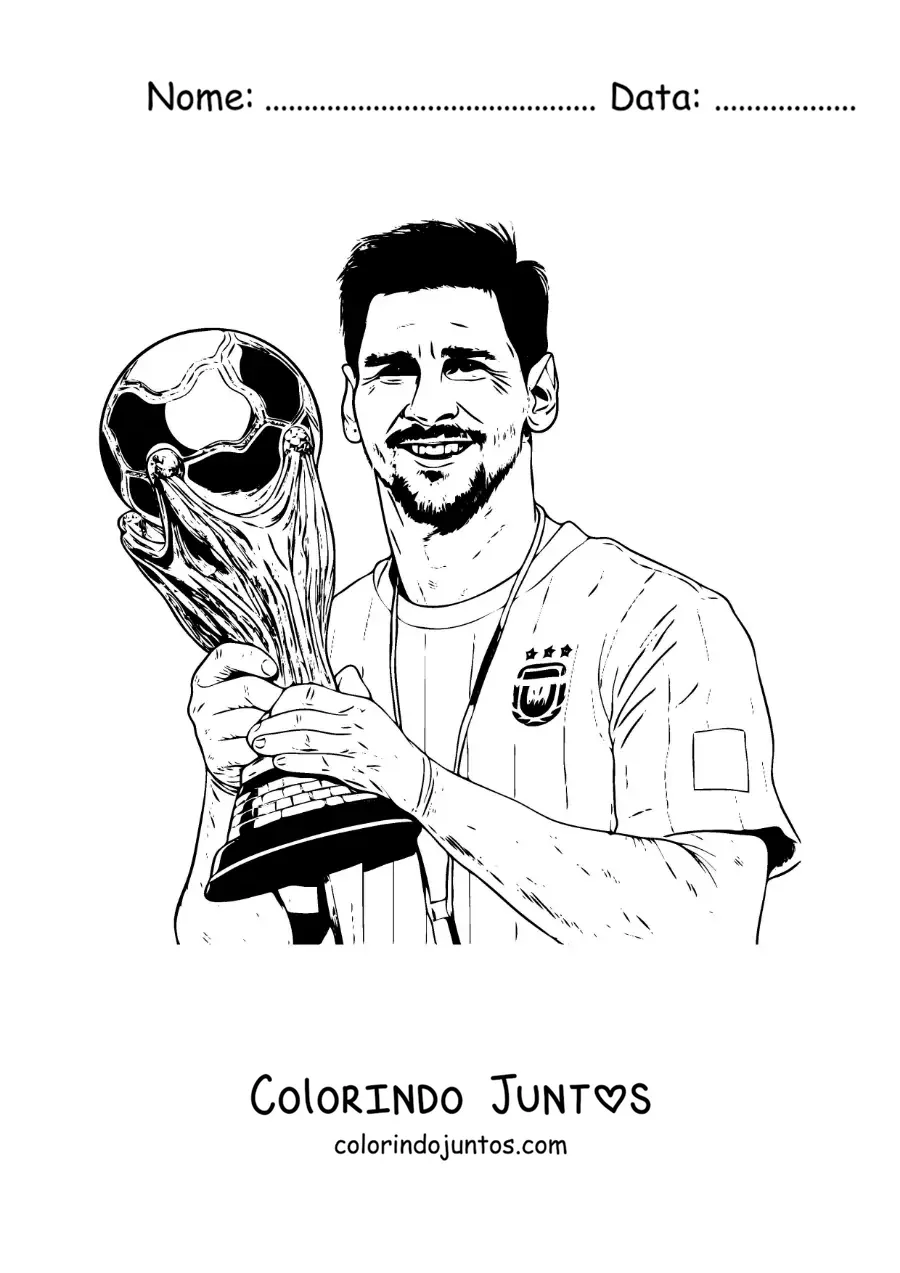 Desenho para colorir de Lionel Messi com a Copa do Mundo