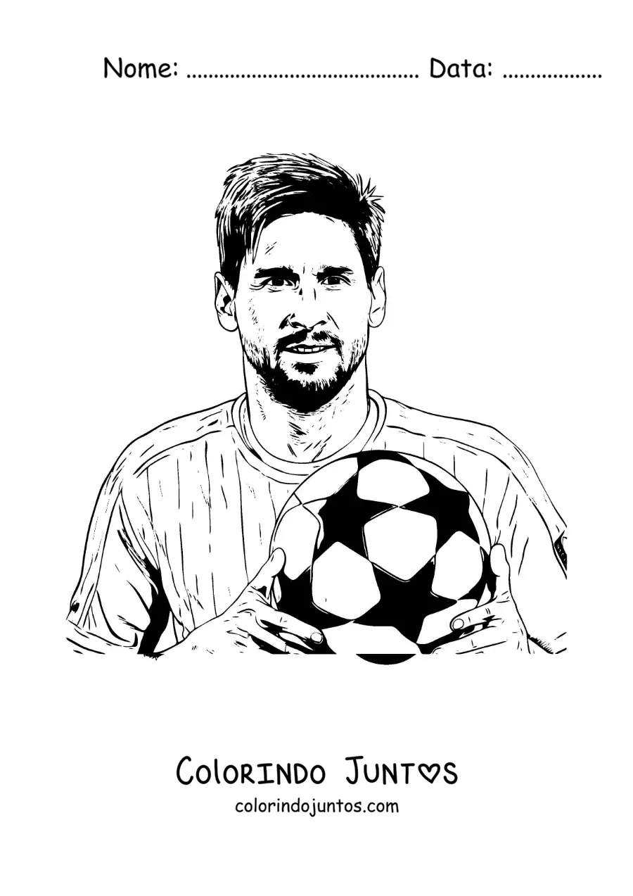 Desenho para colorir de Lionel Messi com uma bola de futebol
