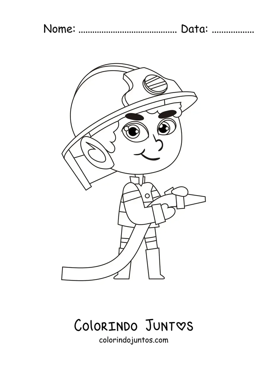 Desenho para colorir de um bombeiro animado kawaii com uma mangueira