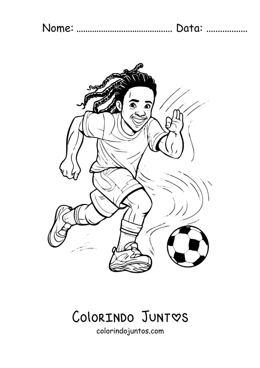 Desenho para colorir de uma caricatura facil de Ronaldinho jogando futebol