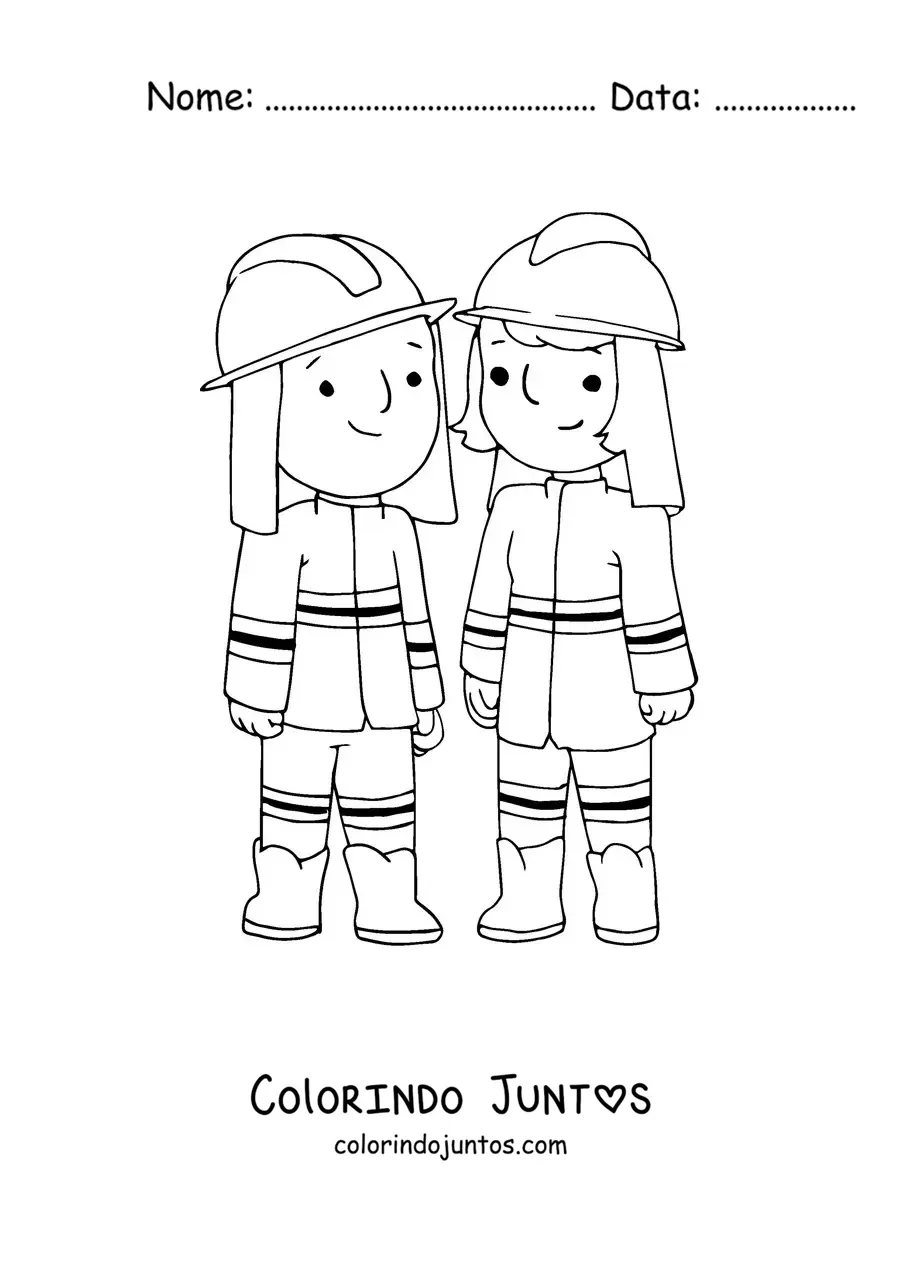 Desenho para colorir de uma bombeira e um bombeiro