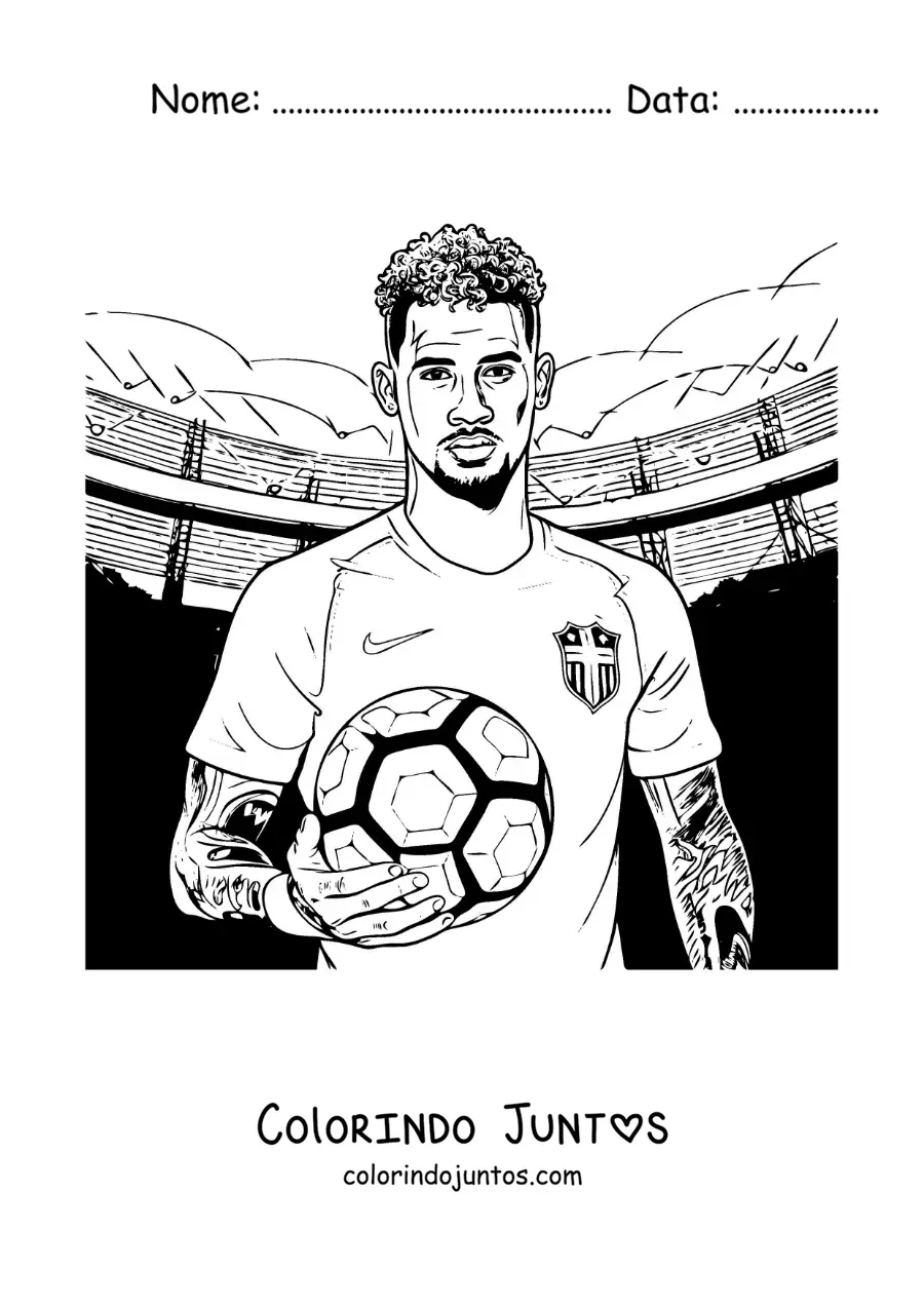 Desenho para colorir de Neymar em um estadio de futebol segurando uma bola