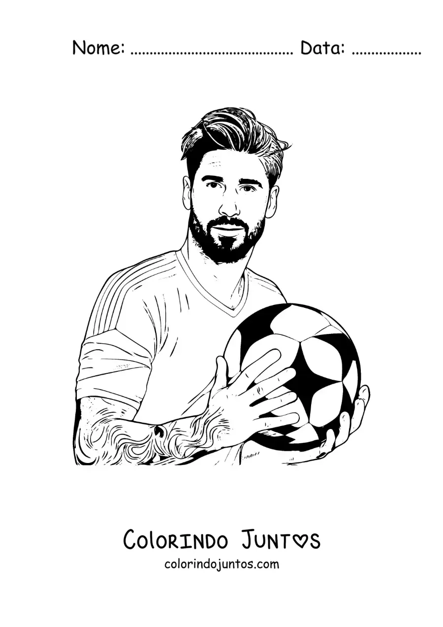 Desenho para colorir de Sergio Ramos animado com uma bola de futebol