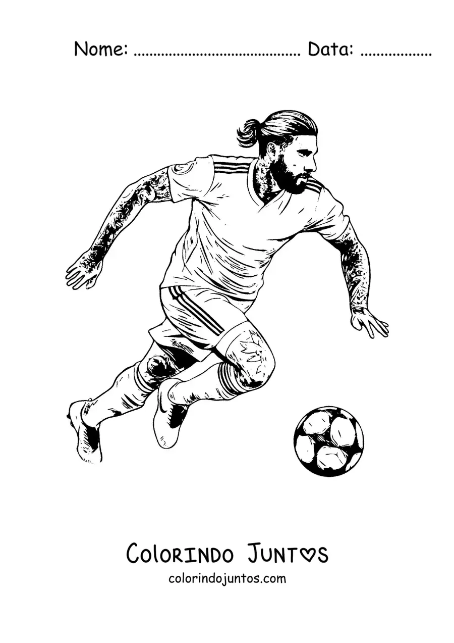 Desenho para colorir de Sergio Ramos com suas tatuagens jogando futebol