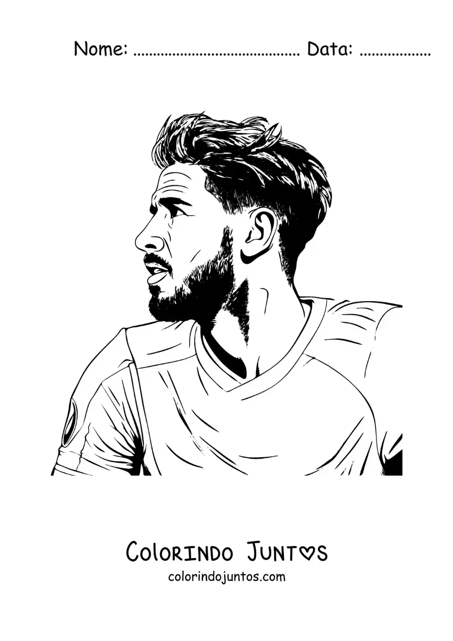 Desenho para colorir de um retrato de Sergio Ramos de perfil realista