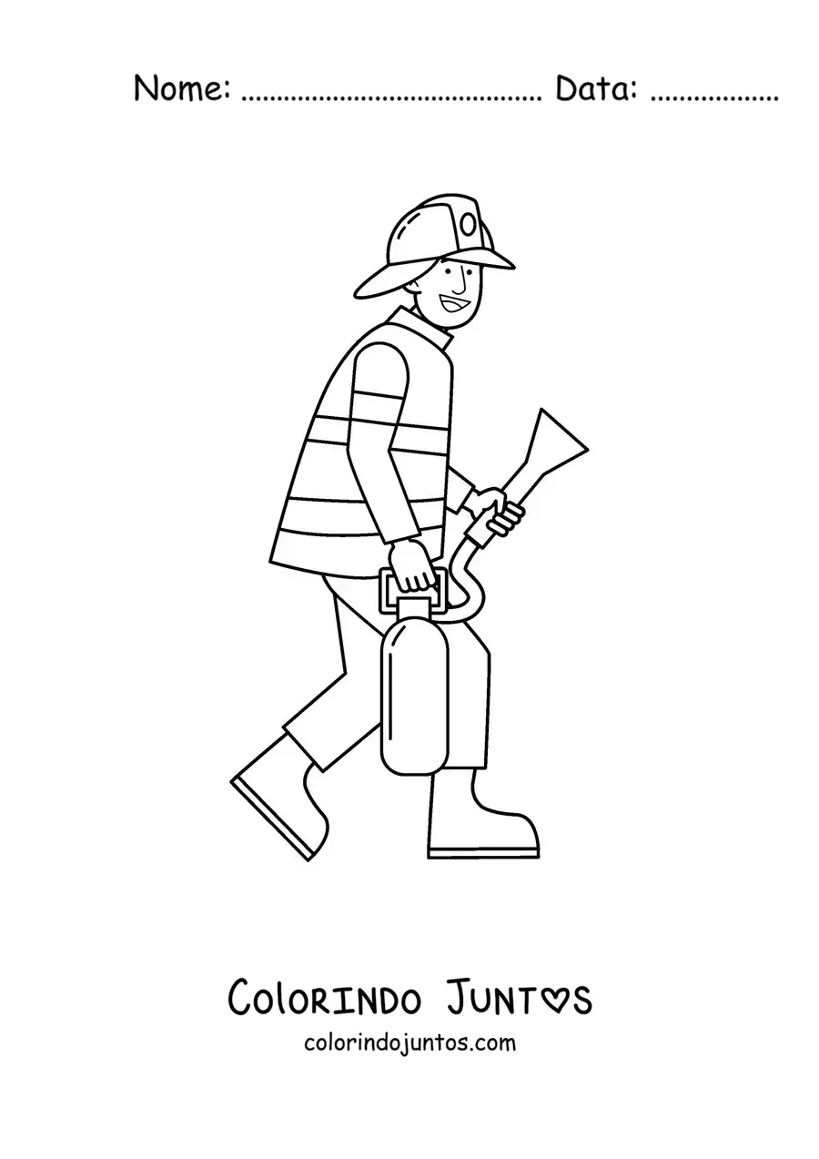 Desenho para colorir de um bombeiro animado com um extintor