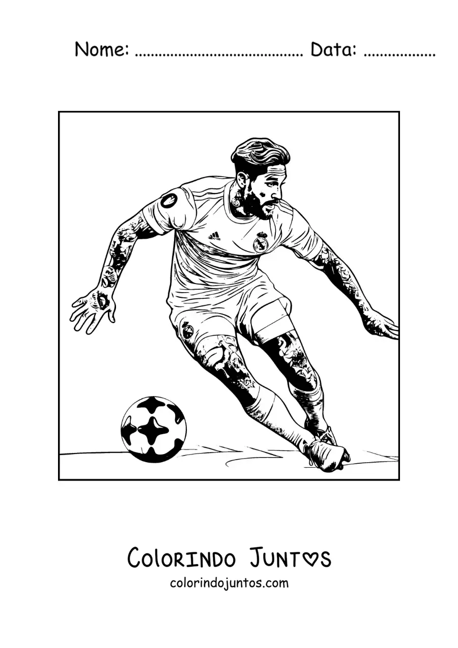 Desenho para colorir de Sergio Ramos com o cabelo comprido jogando futebol