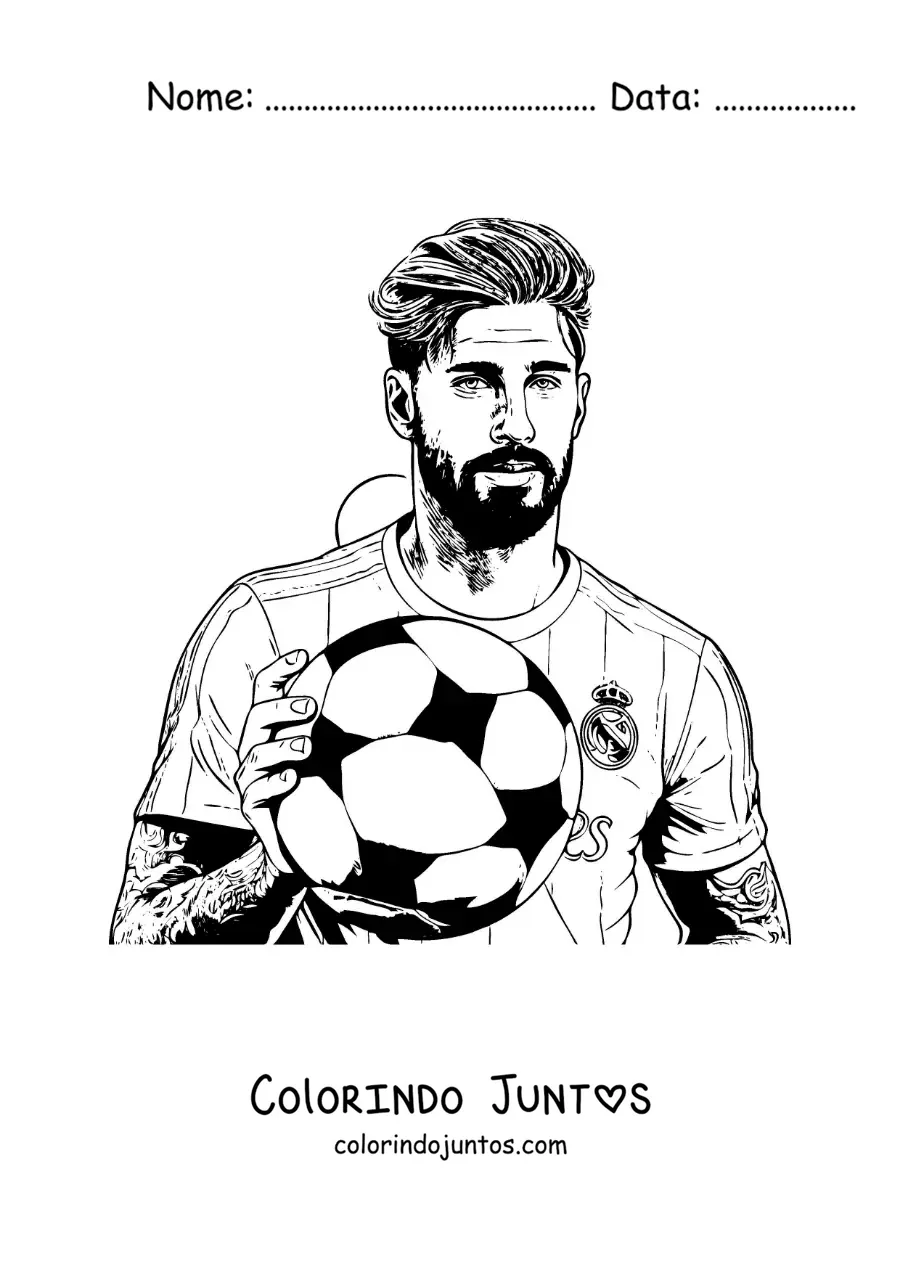Desenho para colorir de um retrato de Sergio Ramos com uma bola de futebol