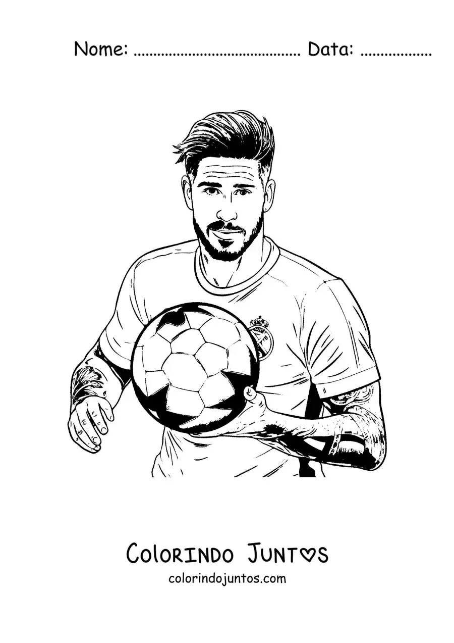 Desenho para colorir de Sergio Ramos com uma bola de futebol
