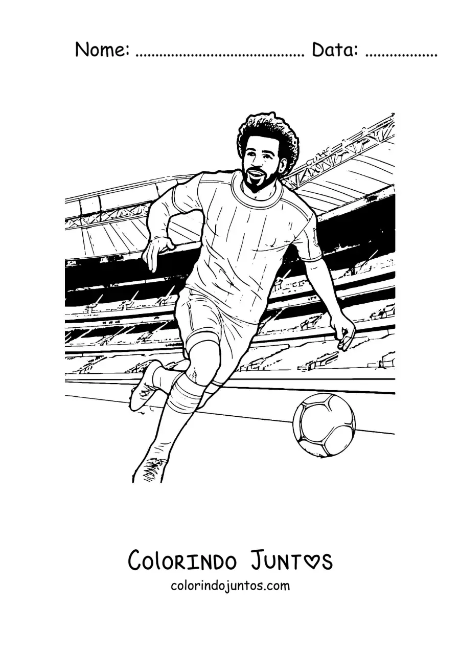 Desenho para colorir do jogador Mohamed Salah em uma partida de futebol