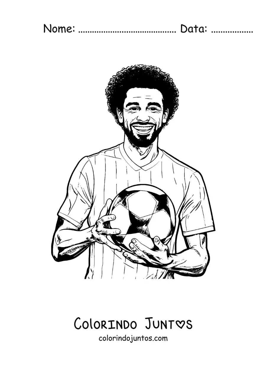 Desenho para colorir de Mohamed Salah animado com uma bola de futebol