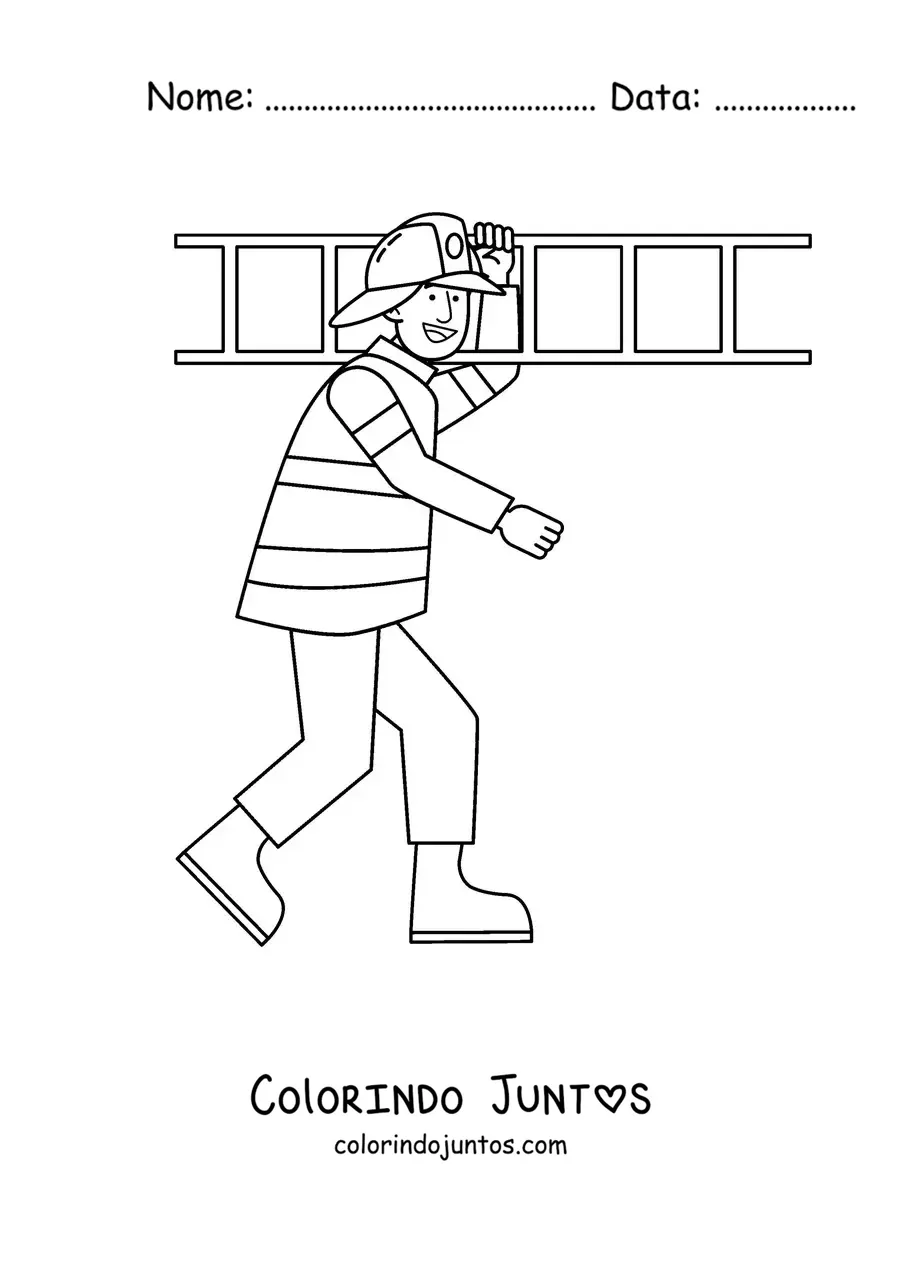 Desenho para colorir de um bombeiro animado carregando uma escada