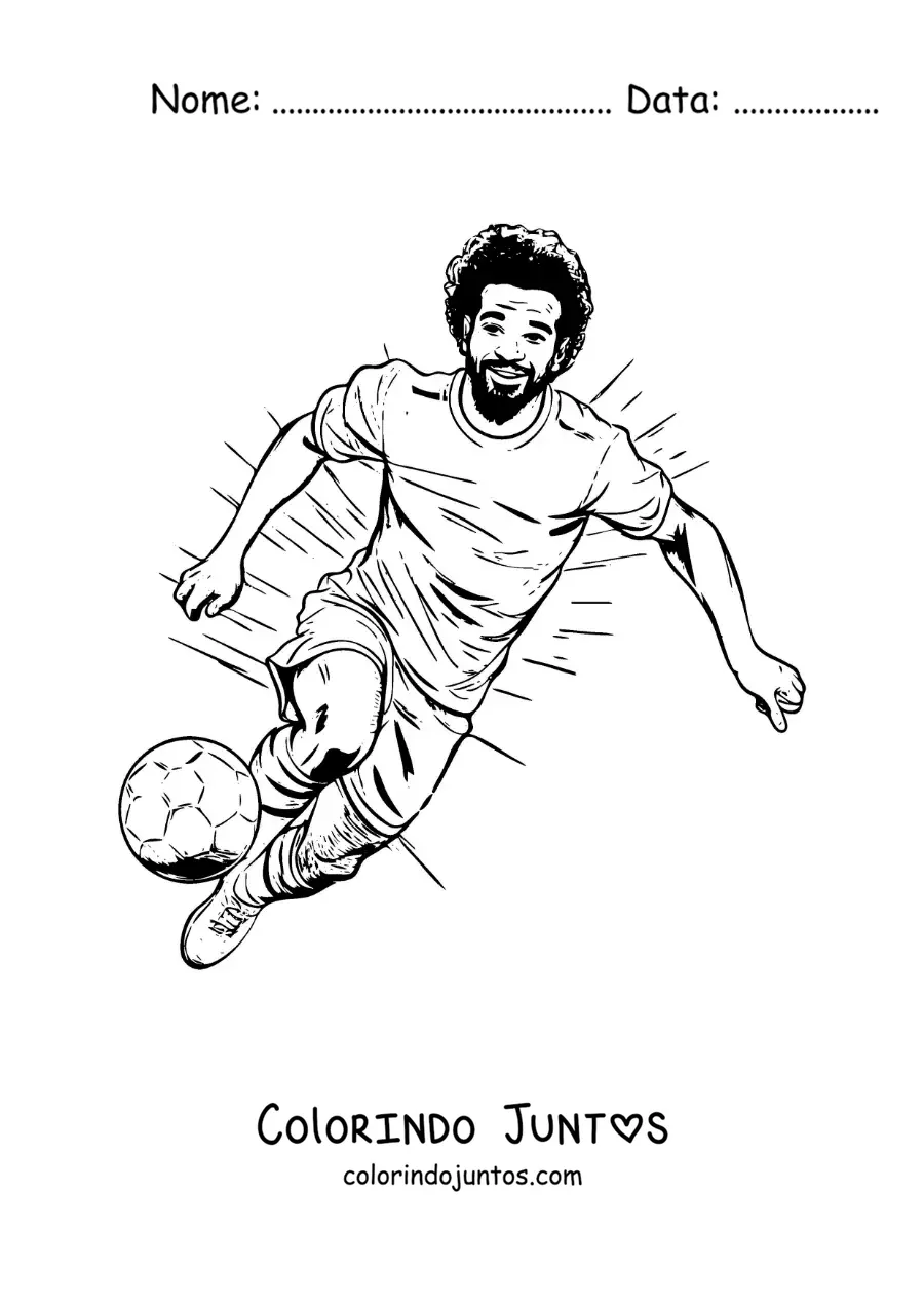 Desenho para colorir de uma caricatura de Mohamed Salah jogando futebol