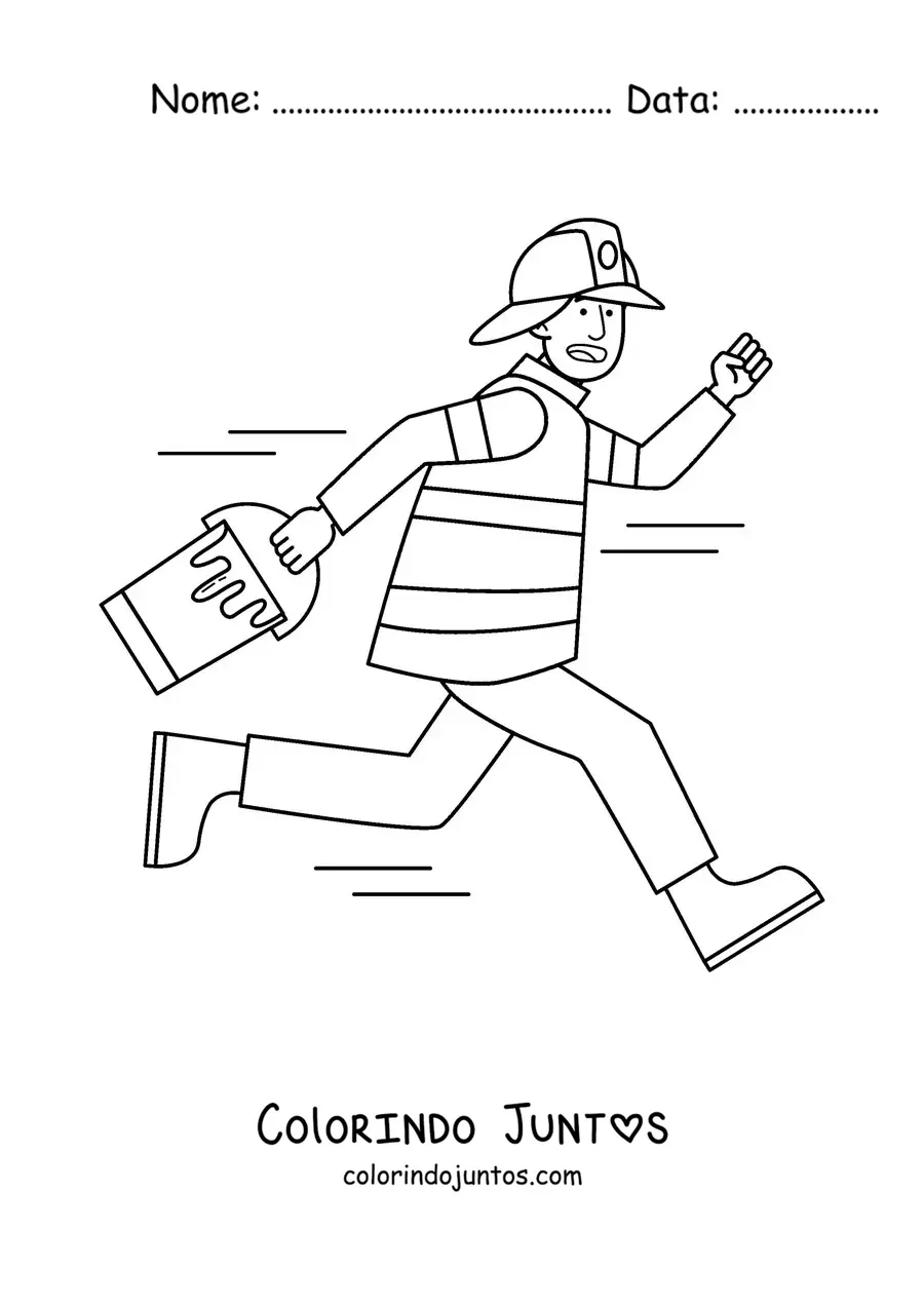 Desenho para colorir de um bombeiro animado com um balde de água