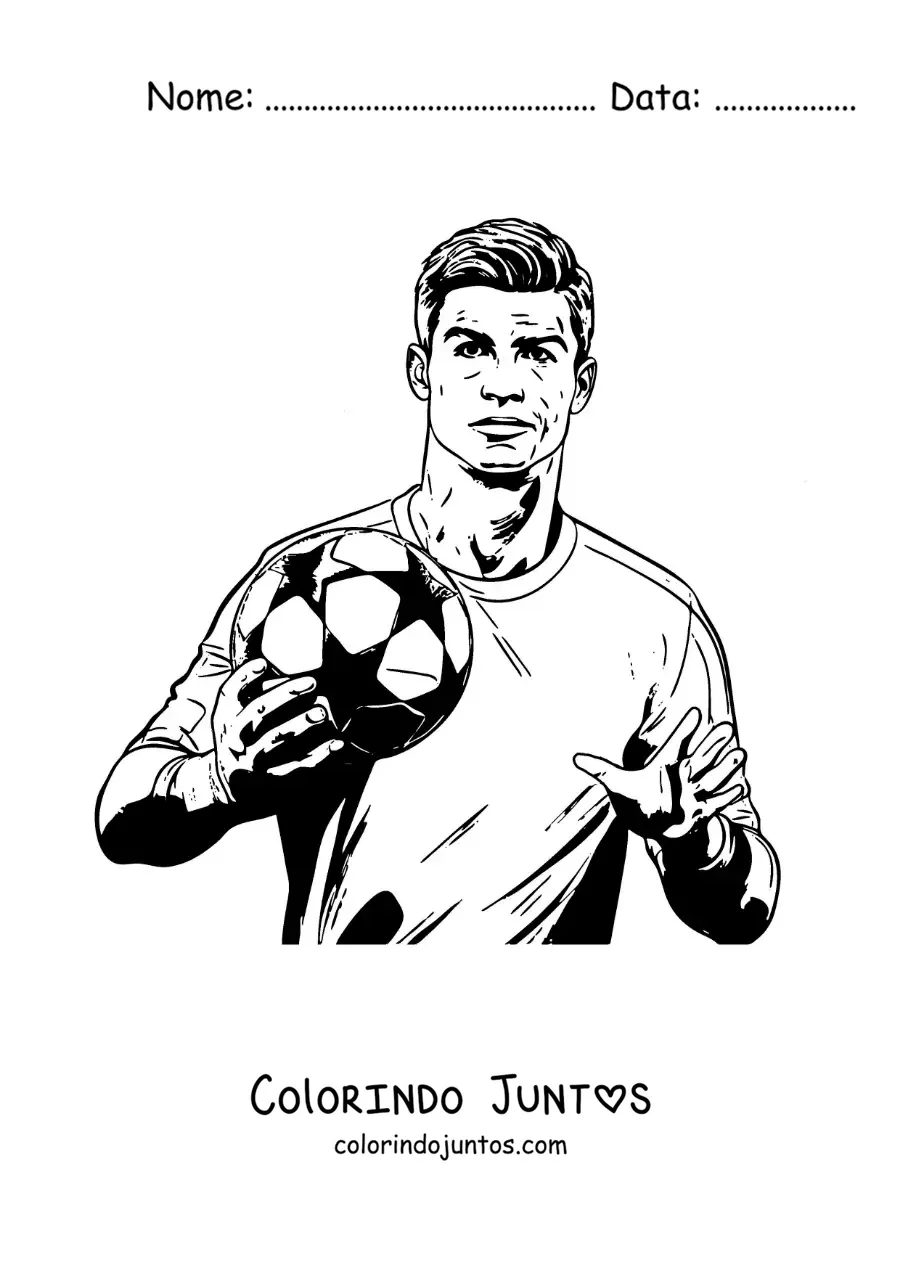 Desenho para colorir de Cristiano Ronaldo com uma bola de futebol
