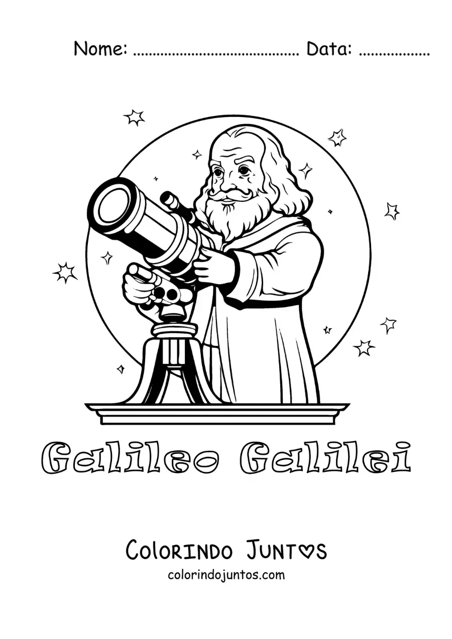 Desenho para colorir de Galileu Galilei animado com um telescopio