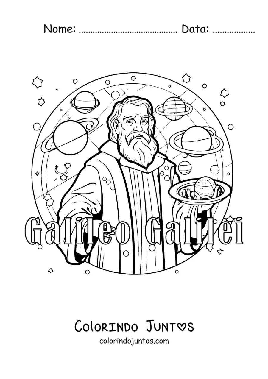 Desenho para colorir de Galileu Galilei animado com os planetas