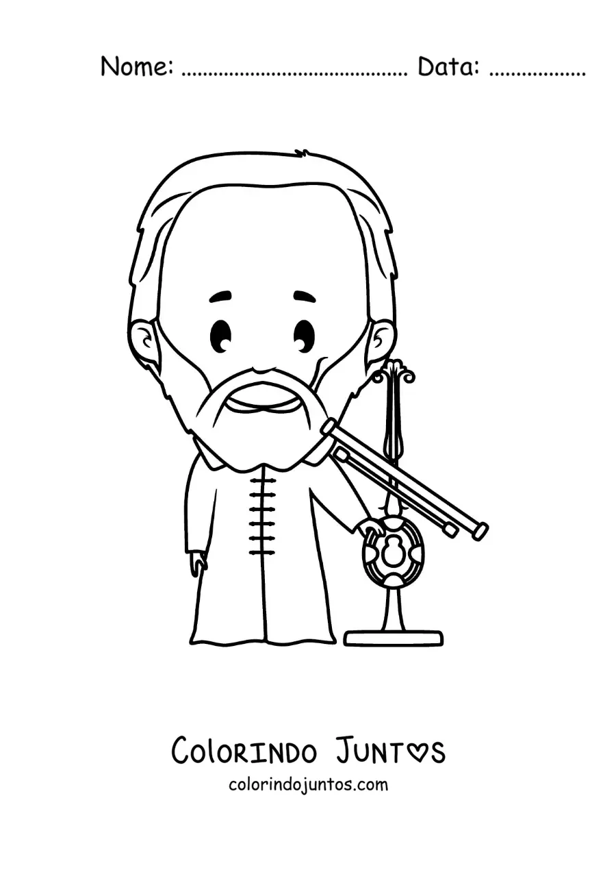 Desenho para colorir de Galileu Galilei kawaii com um telescopio
