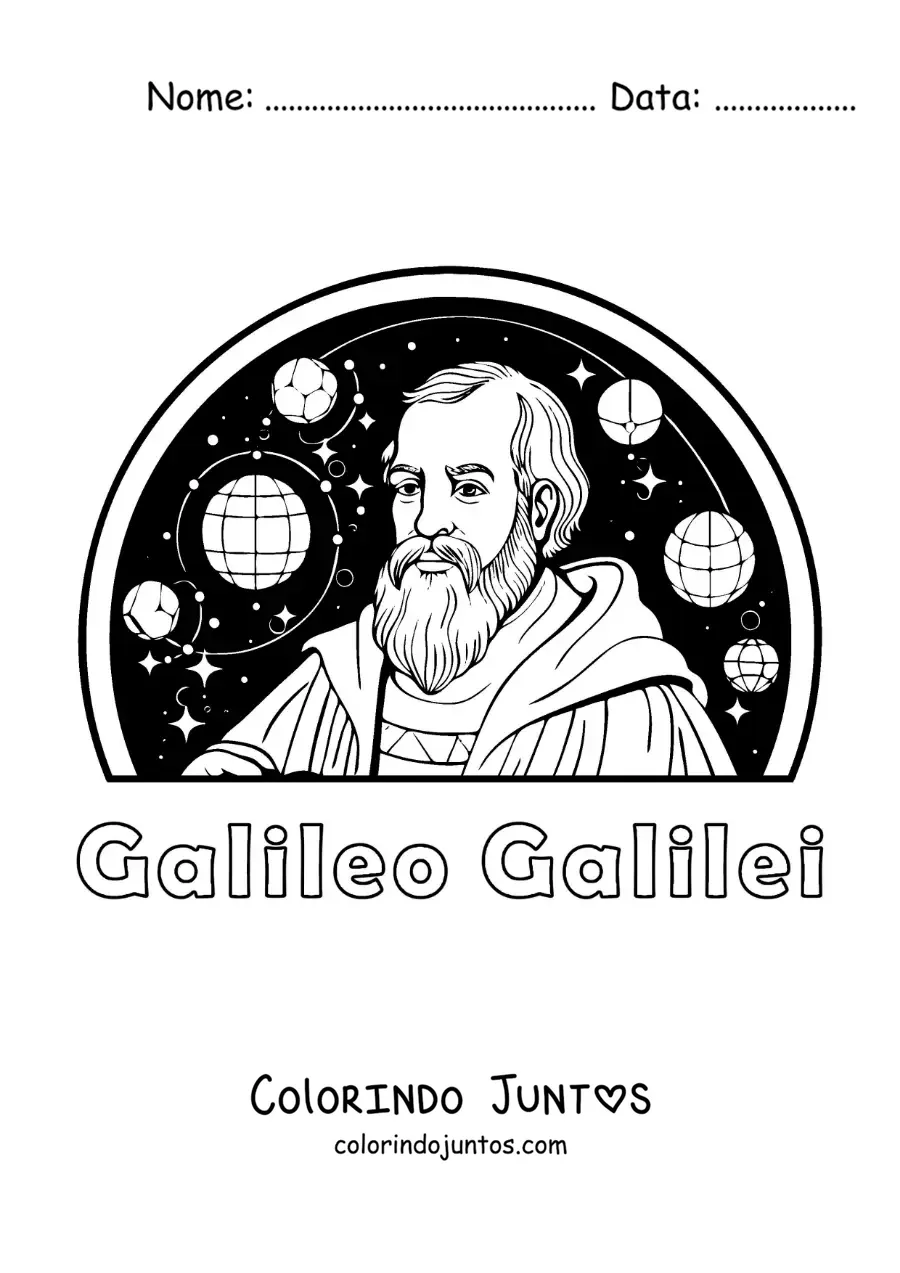 Desenho para colorir de Galileu Galilei com os planetas