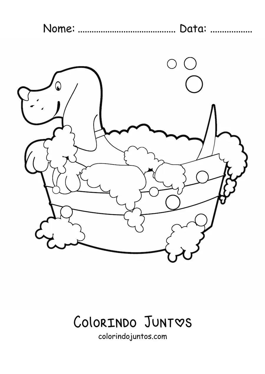 Desenho para colorir de um cachorro tomando banho em um balde cheio de bolhas