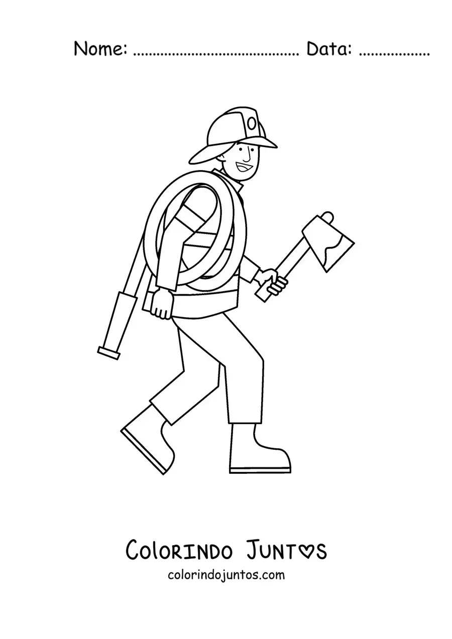Desenho para colorir de um bombeiro animado com uma mangueira e um machado