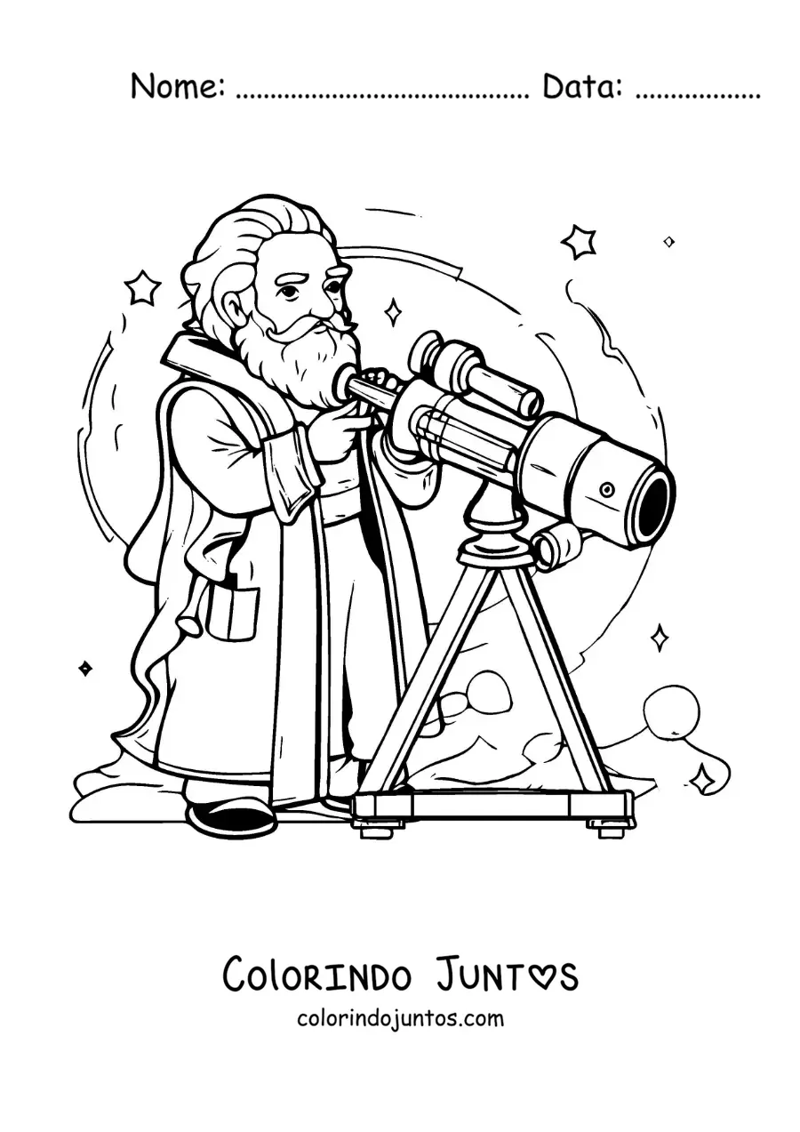 Desenho para colorir de Galileu Galilei animado olhando atraves de um telescopio