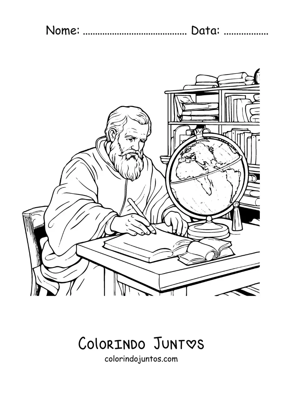 Desenho para colorir de Galileu Galilei estudando em uma escrivaninha