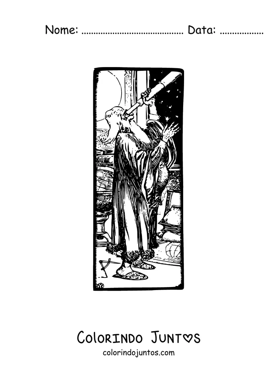 Desenho para colorir de uma caricatura de Galileu Galilei com um telescopio