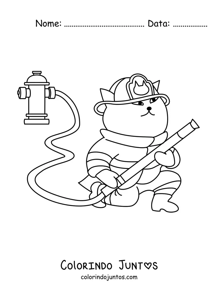 Desenho para colorir de um gato bombeiro animado segurando uma mangueira
