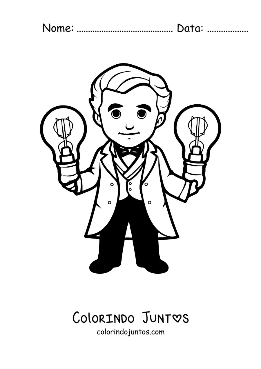 Desenho para colorir de Thomas Edison animado kawaii com duas lampadas