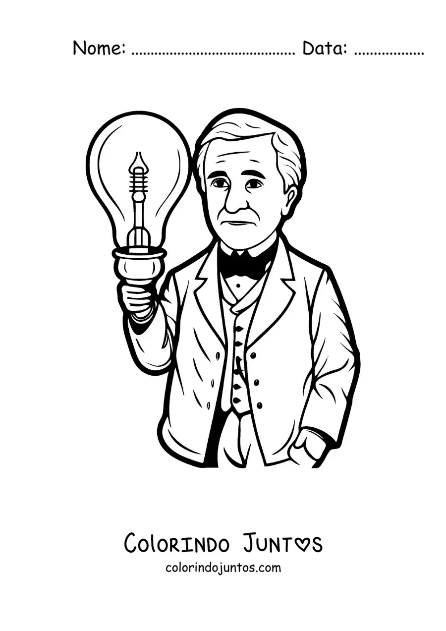 Desenho para colorir de uma caricatura de Thomas Edison com uma lampada
