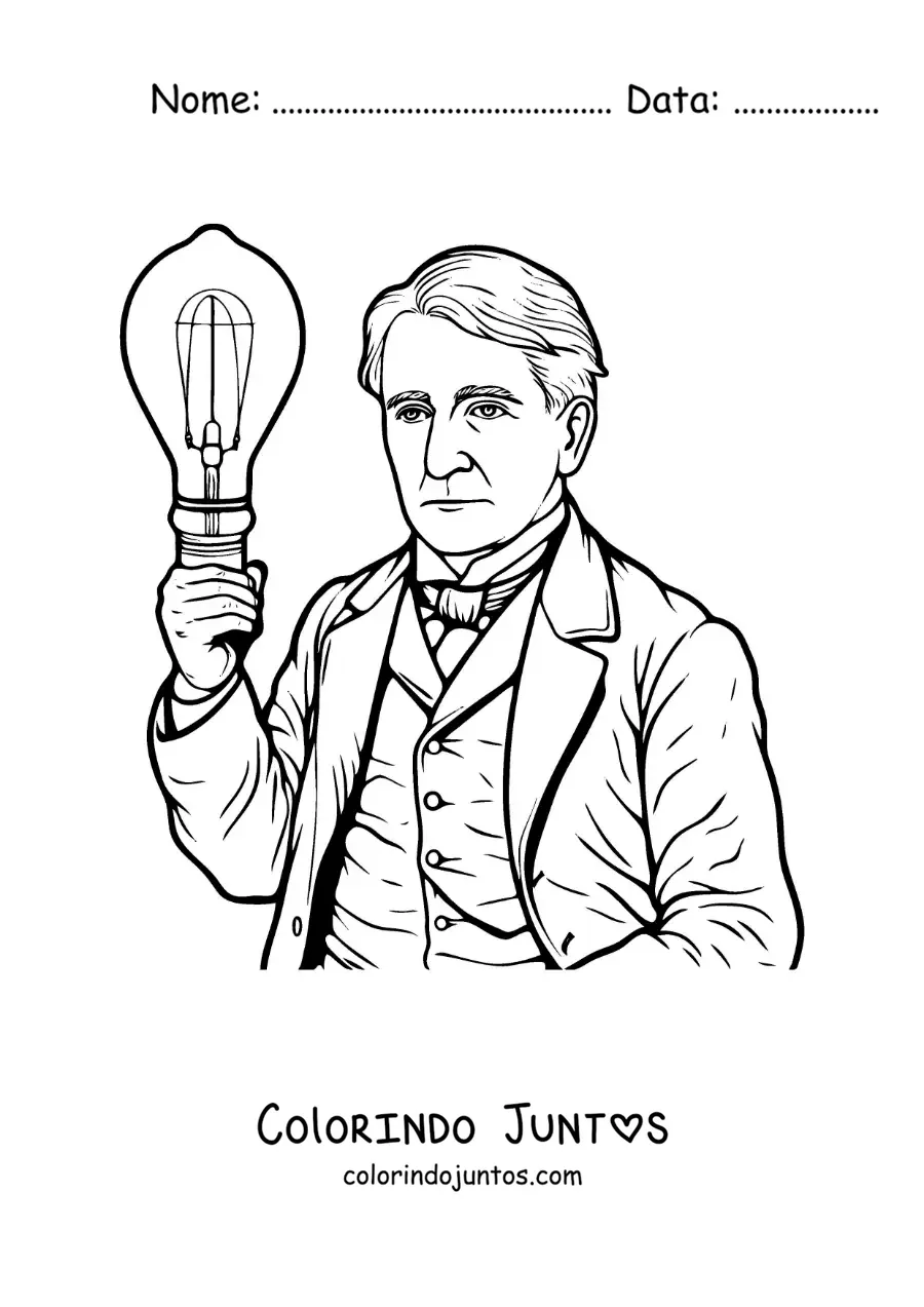 Desenho para colorir de Thomas Edison animado com uma lampada