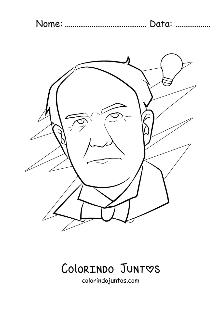 Desenho para colorir de um retrato de Thomas Edison facil com uma lampada