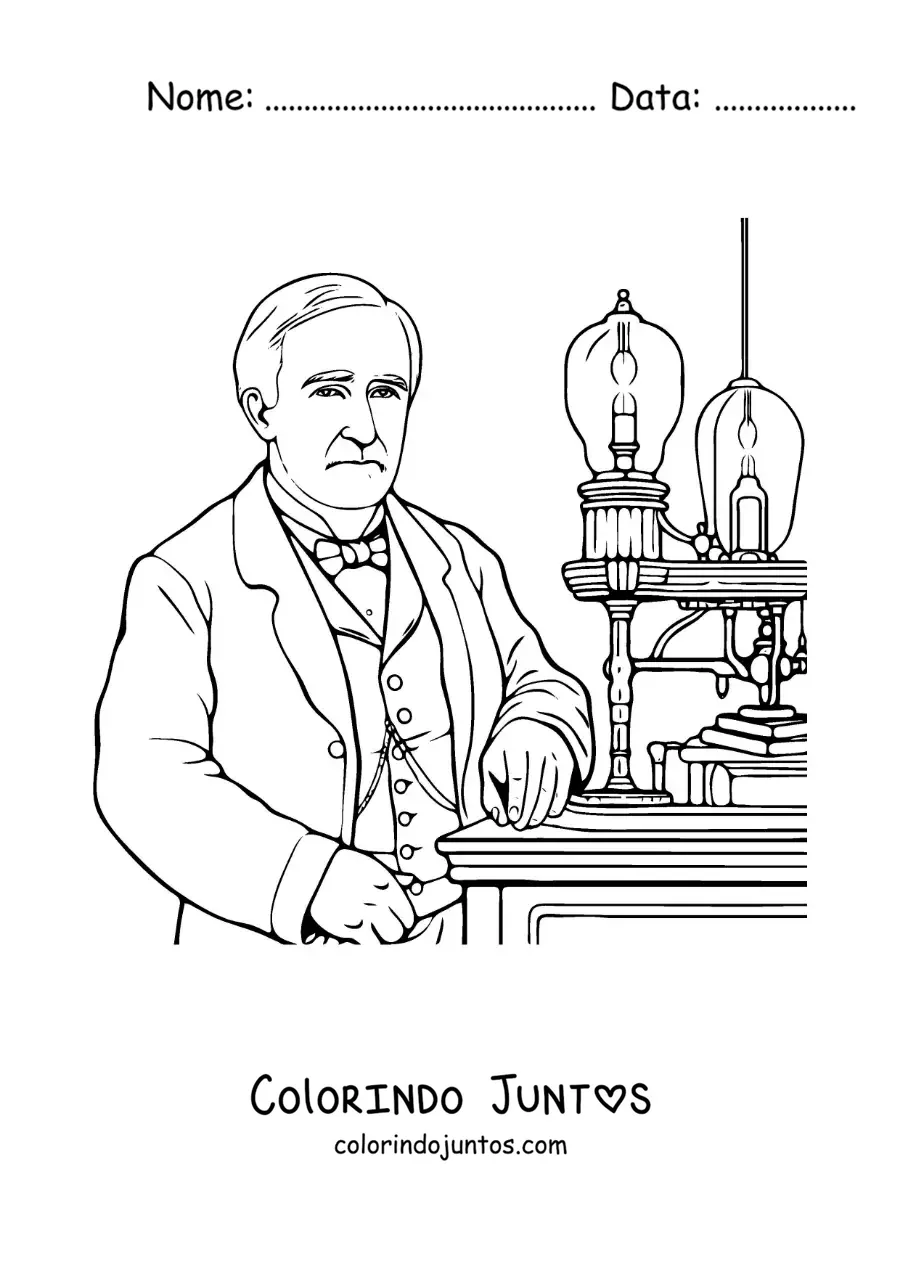 Desenho para colorir do inventor Thomas Edison em sua oficina