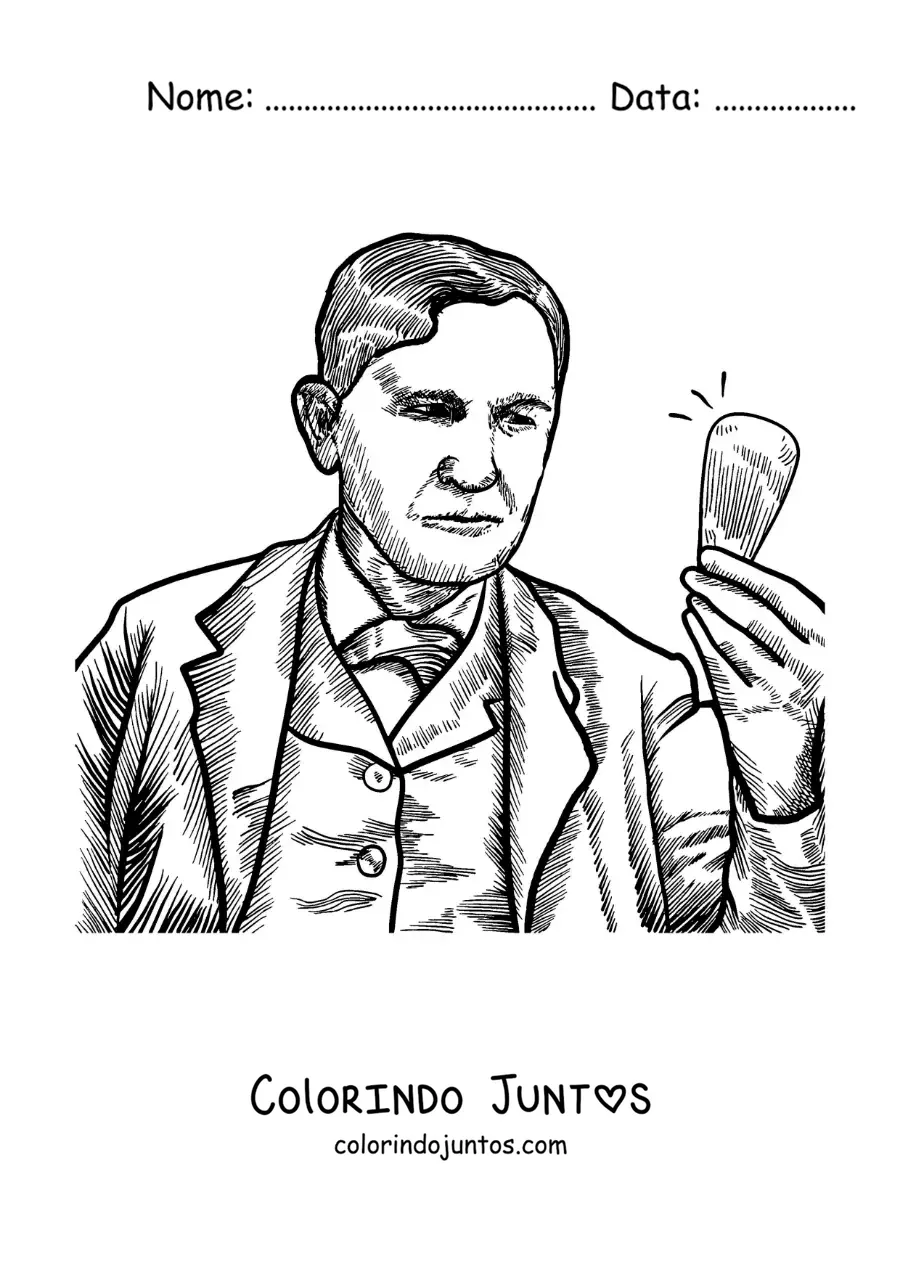 Desenho para colorir de um retrato de Thomas Edison a lapis