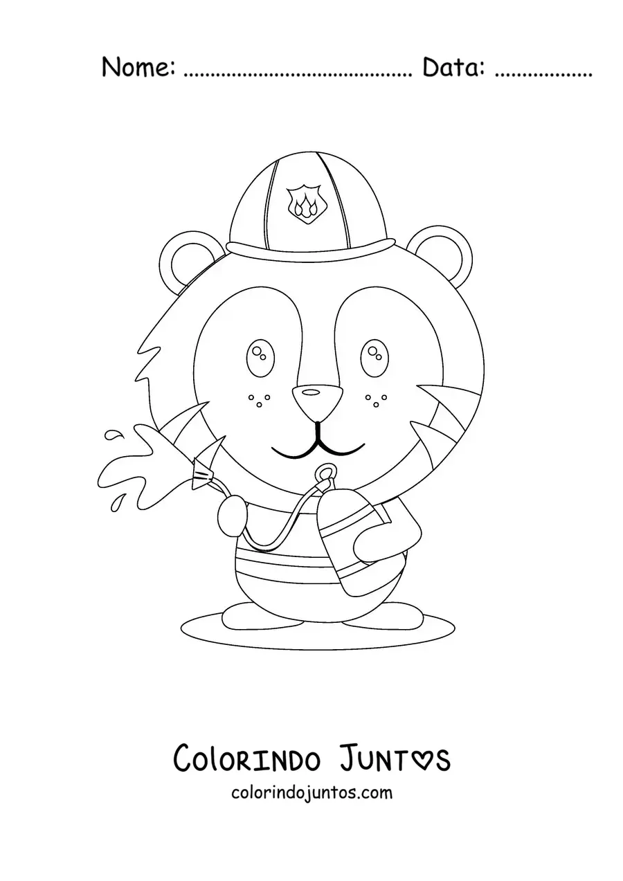 Desenho para colorir de um tigre bombeiro animado apagando um incêndio