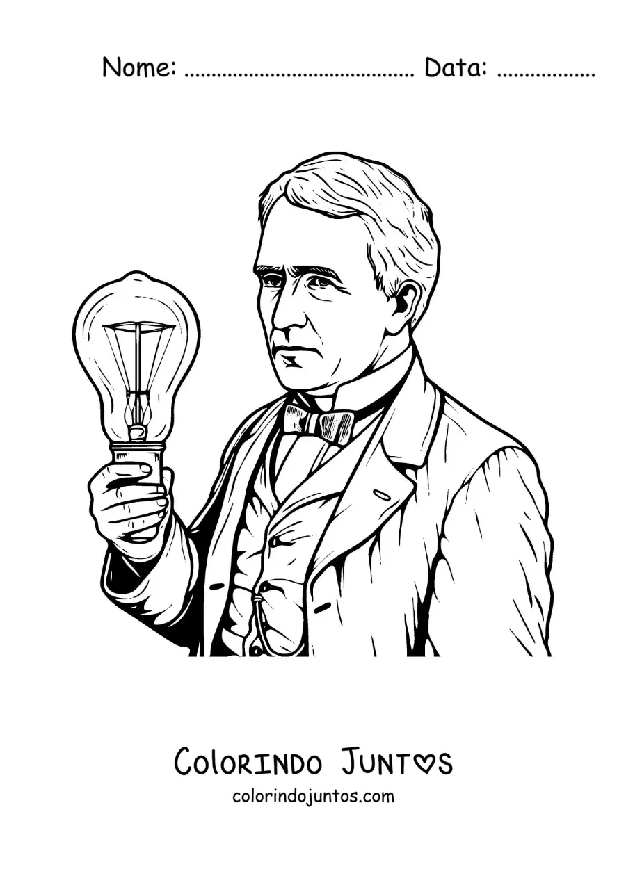 Desenho para colorir de Thomas Edison com uma lampada em estilo realista