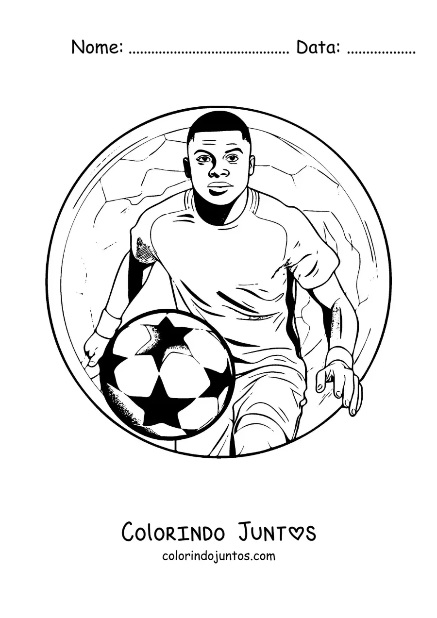 Desenho para colorir de Kylian Mbappe animado com uma bola de futebol