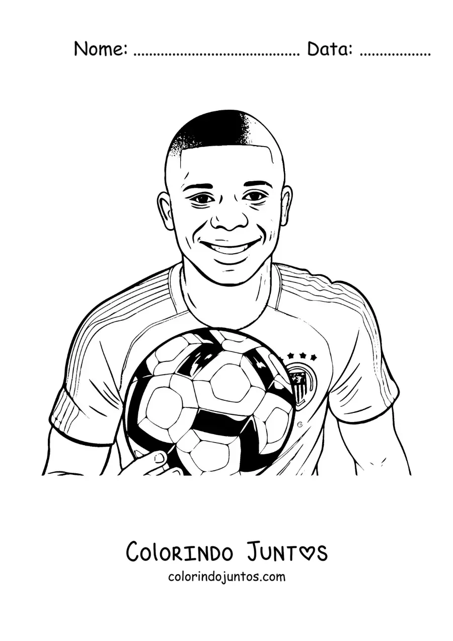 Desenho para colorir de um retrato animado de Kylian Mbappe sorrindo com uma bola de futebol