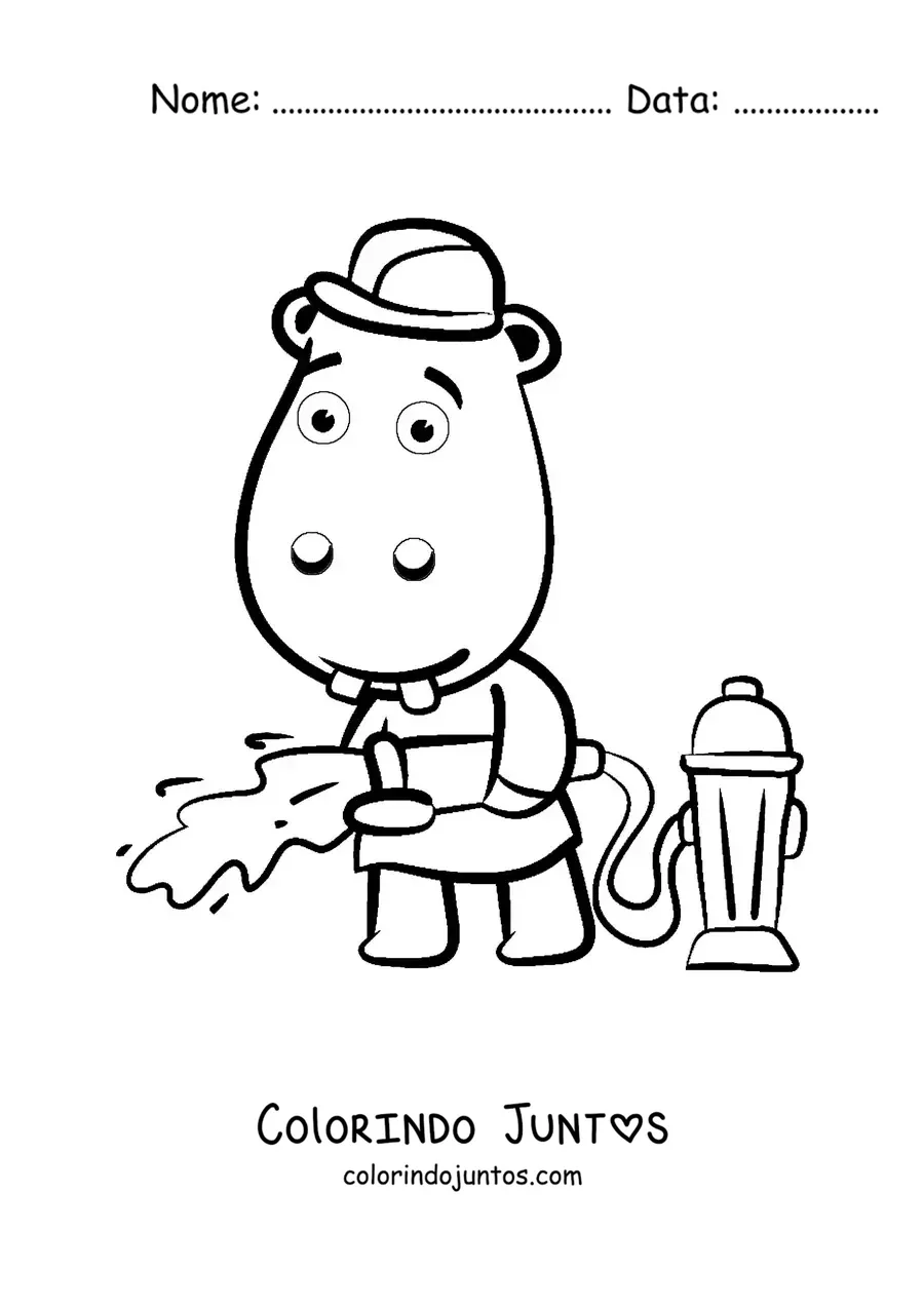 Desenho para colorir de um hipopótamo bombeiro animado apagando um incêndio