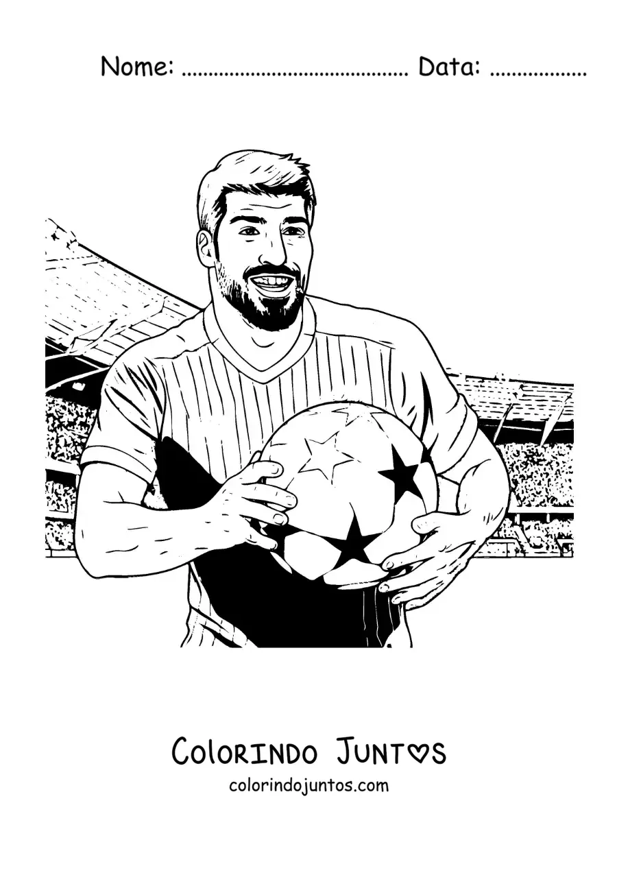 Desenho para colorir de Luis Suarez animado com uma bola de futebol
