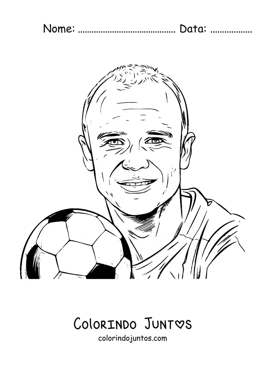 Desenho para colorir de um retrato de Andres Iniesta com uma bola de futebol em estilo realista
