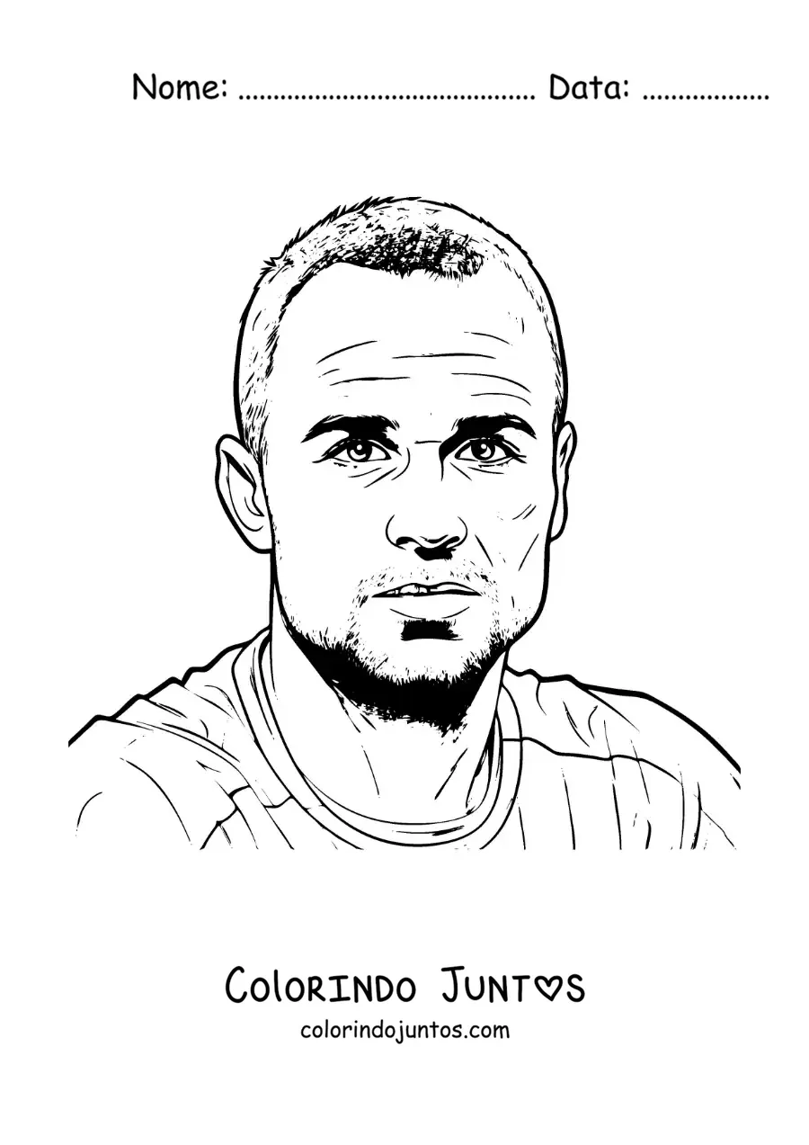 Desenho para colorir de um retrato de Andres Iniesta em estilo realista
