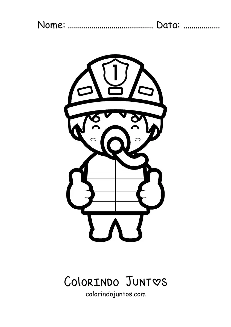 Desenho para colorir de um bombeiro kawaii usando uma máscara respiratória