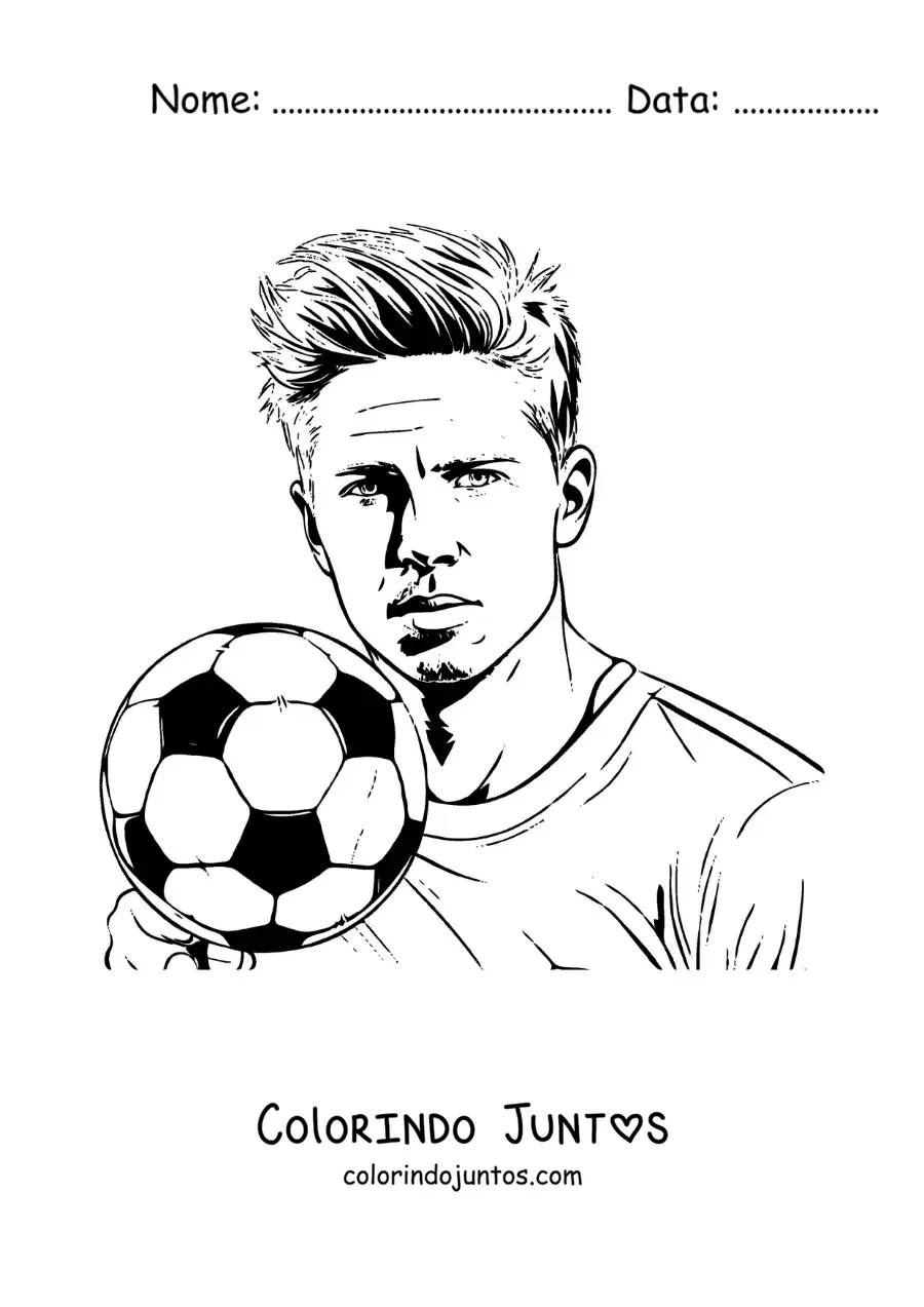 Desenho para colorir de um retrato de Kevin De Bruyne com uma bola de futebol em estilo realista