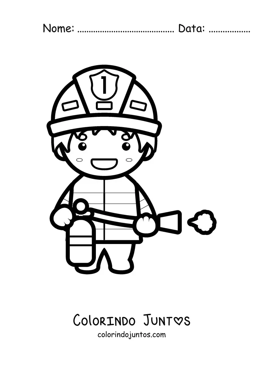 Desenho para colorir de um bombeiro kawaii com um extintor