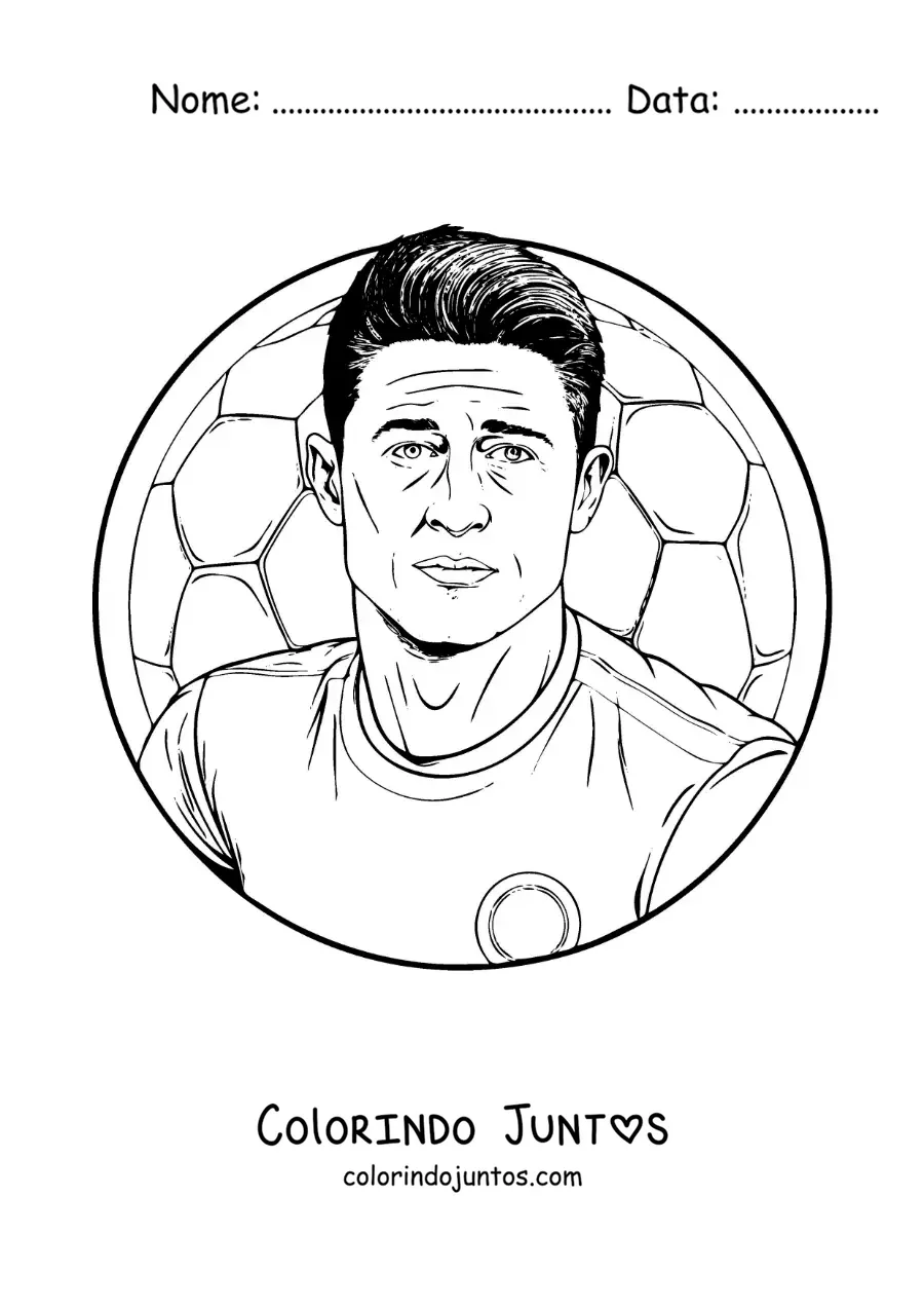 Desenho para colorir de um retrato de Robert Lewandowski em estilo realista com uma bola ao fundo