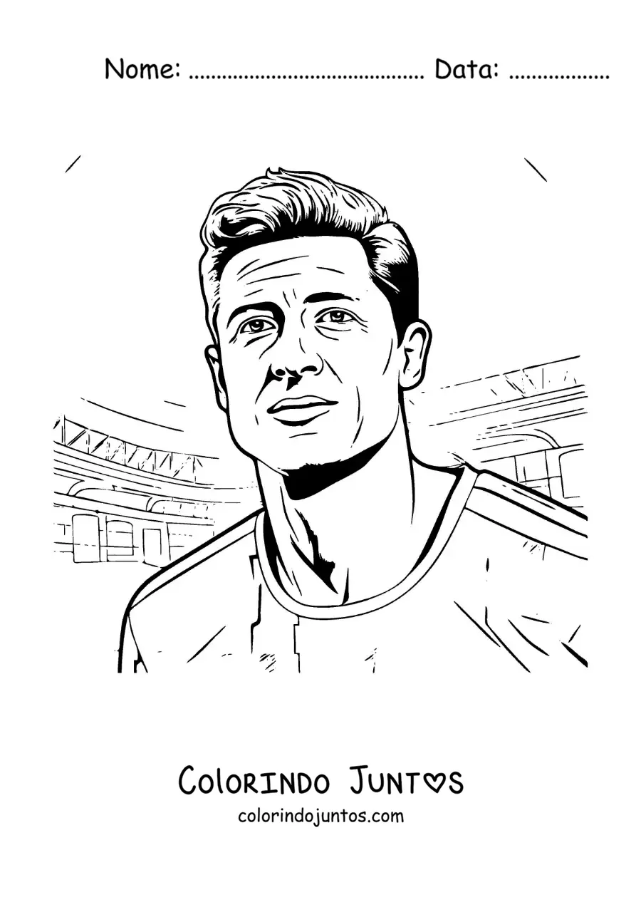 Desenho para colorir de um retrato de Robert Lewandowski animado no estadio