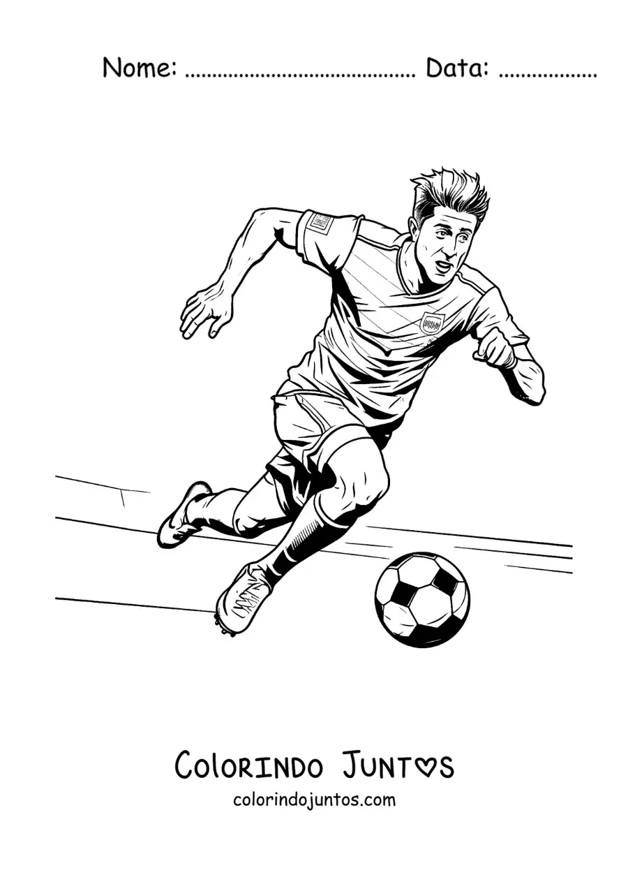 Desenho para colorir de uma caricatura de Robert Lewandowski jogando futebol