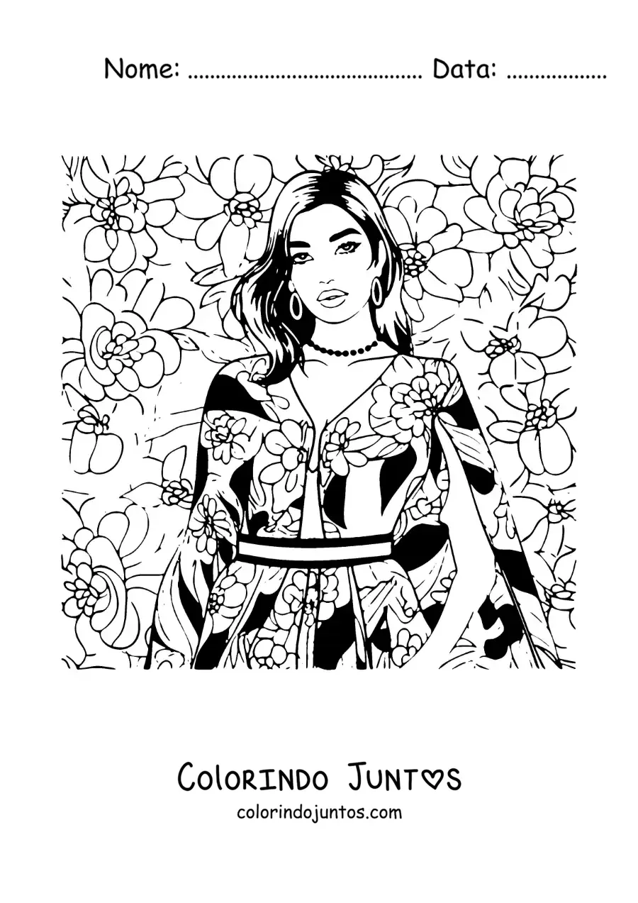 Desenho para colorir de Dua Lipa animada com um vestido e flores